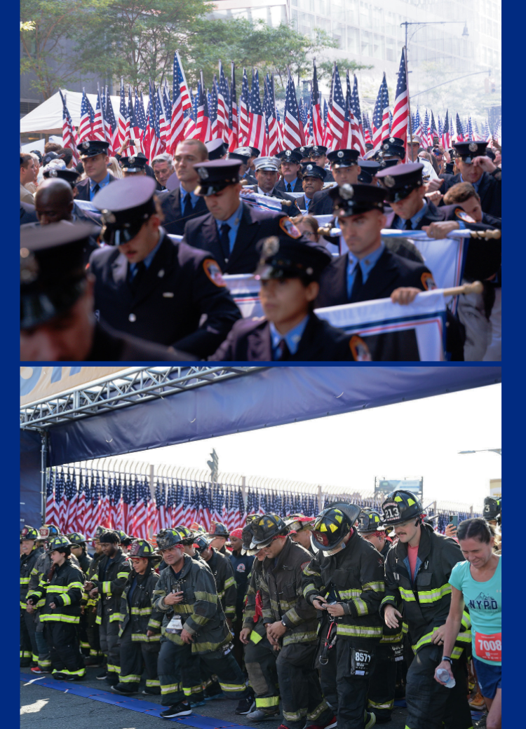 Tunnel to Towers marathon runners firefighters and police in uniform