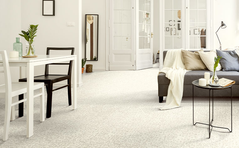 light gray pattern carpet in open concept living room and dining room
